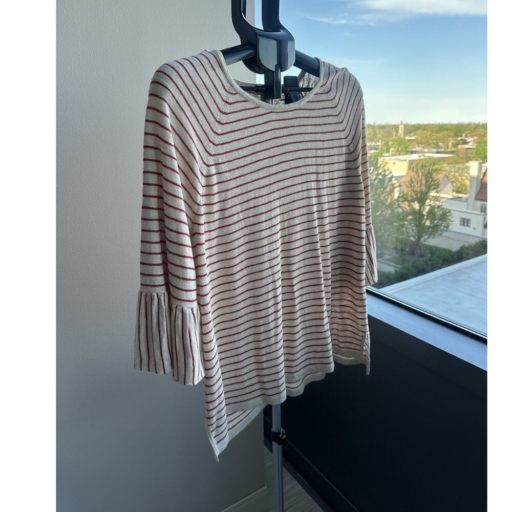 J. Jill Ivory Red Striped Linen Blend Knit Ruffle Sleeve Blouse Petite L